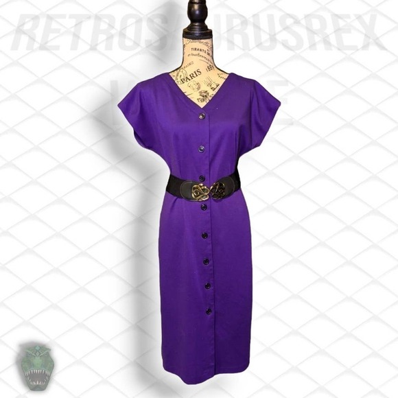 Vintage 1980's Grape Purple Rockabilly Twee Button Front / Back Secretary Dress - Picture 5 of 11